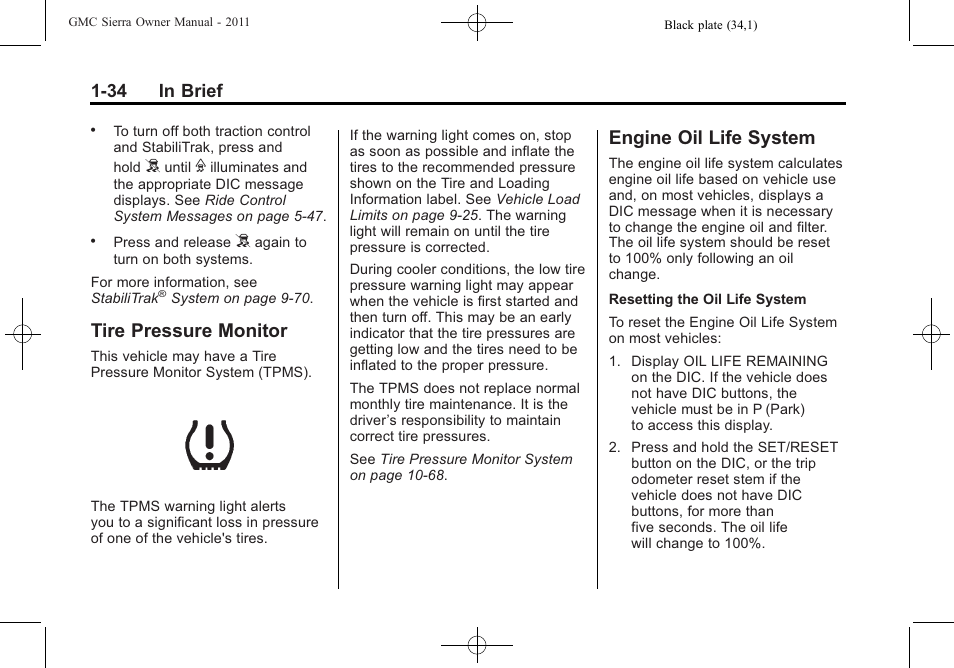 Tire pressure monitor, Engine oil life system, 34 in brief | GMC 2011 Sierra User Manual | Page 40 / 594