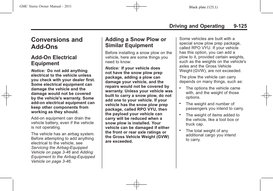 Conversions and add-ons, Add-on electrical equipment, Adding a snow plow or similar equipment | Conversions and, Add-on electrical, Equipment -125, Adding a snow plow or, Similar equipment -125, Driving and operating 9-125 | GMC 2011 Sierra User Manual | Page 419 / 594