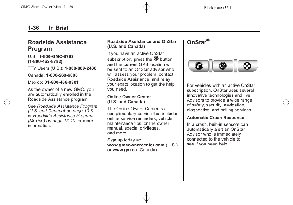 Roadside assistance program, Onstar, Roadside assistance | Program -36 | GMC 2011 Sierra User Manual | Page 42 / 594