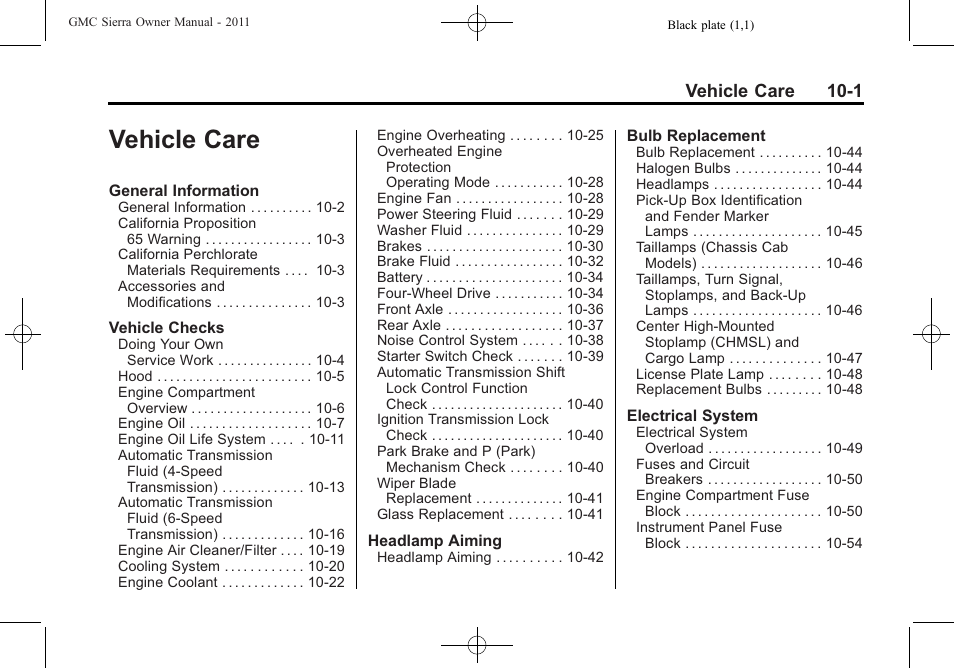 Vehicle care, Vehicle care -1, Vehicle care 10-1 | GMC 2011 Sierra User Manual | Page 425 / 594