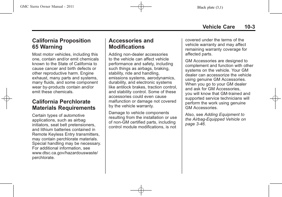 California proposition 65 warning, California perchlorate materials requirements, Accessories and modifications | California proposition, 65 warning -3, California perchlorate, Materials requirements -3, Accessories and, Modifications -3 | GMC 2011 Sierra User Manual | Page 427 / 594