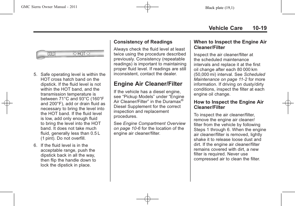 Engine air cleaner/filter, Engine air cleaner/filter -19, Headlamp | Engine air cleaner/filter on, Vehicle care 10-19 | GMC 2011 Sierra User Manual | Page 443 / 594