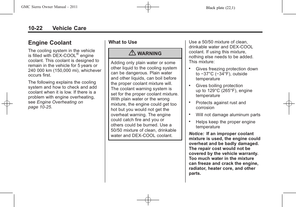 Engine coolant, Engine coolant -22, 22 vehicle care | GMC 2011 Sierra User Manual | Page 446 / 594