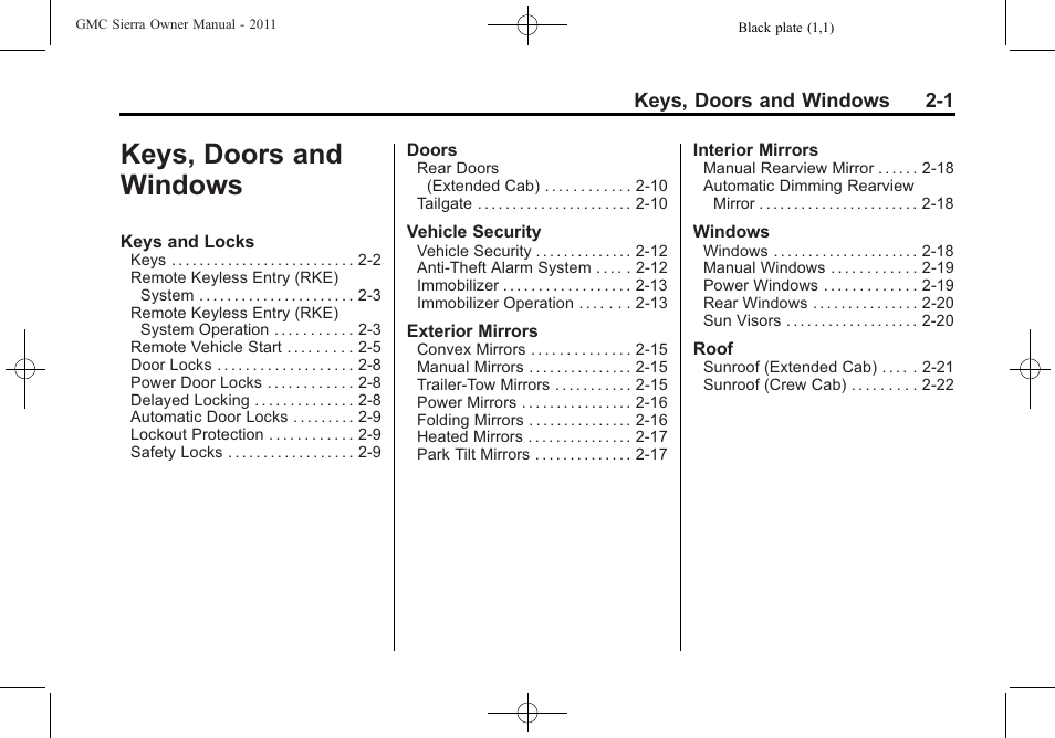 Keys, doors and windows, Keys, doors and windows -1 | GMC 2011 Sierra User Manual | Page 45 / 594