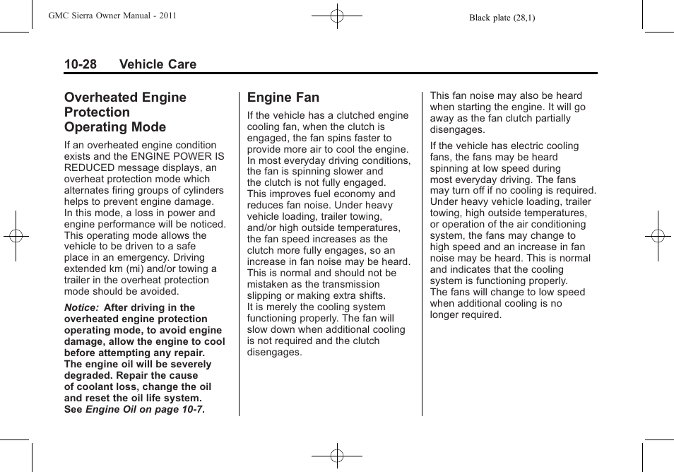 Overheated engine protection operating mode, Engine fan, Overheated engine | Protection operating mode -28, Engine fan -28 | GMC 2011 Sierra User Manual | Page 452 / 594