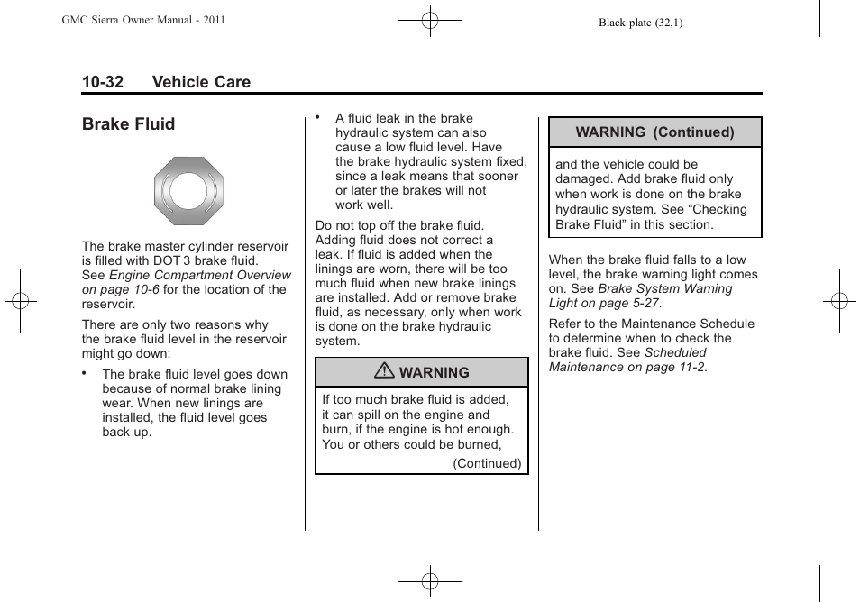 Brake fluid, Brake fluid -32 | GMC 2011 Sierra User Manual | Page 456 / 594