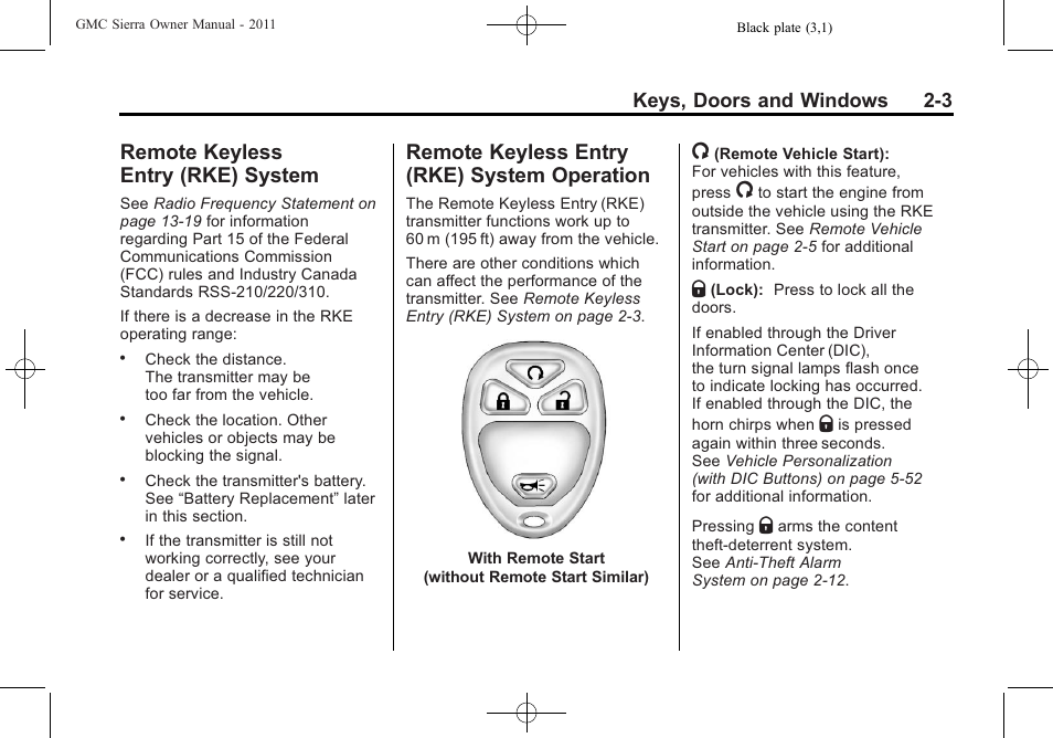 Remote keyless entry (rke) system, Remote keyless entry (rke) system operation, Remote keyless entry (rke) | System -3, System operation -3, Exterior, Keys, doors and windows 2-3 | GMC 2011 Sierra User Manual | Page 47 / 594