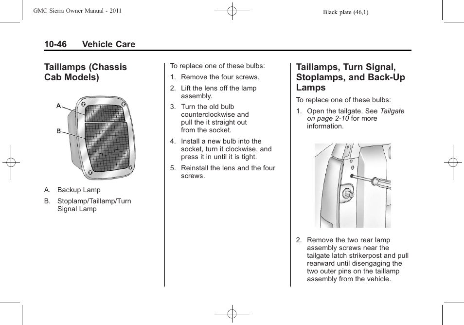 Taillamps (chassis cab models), Chassis cab, Models) -46 | Taillamps, turn signal, Stoplamps, and back-up lamps -46 | GMC 2011 Sierra User Manual | Page 470 / 594