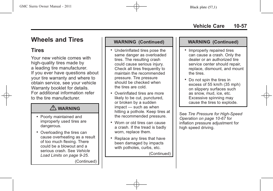 Wheels and tires, Tires, Wheels and tires -57 | Reporting safety defects -16, Tires -57, Vehicle care 10-57 | GMC 2011 Sierra User Manual | Page 481 / 594