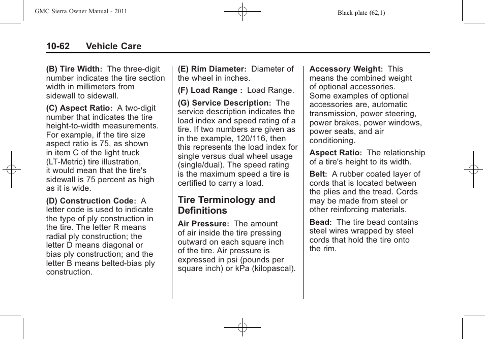 Tire terminology and definitions, Tire terminology and, Definitions -62 | GMC 2011 Sierra User Manual | Page 486 / 594