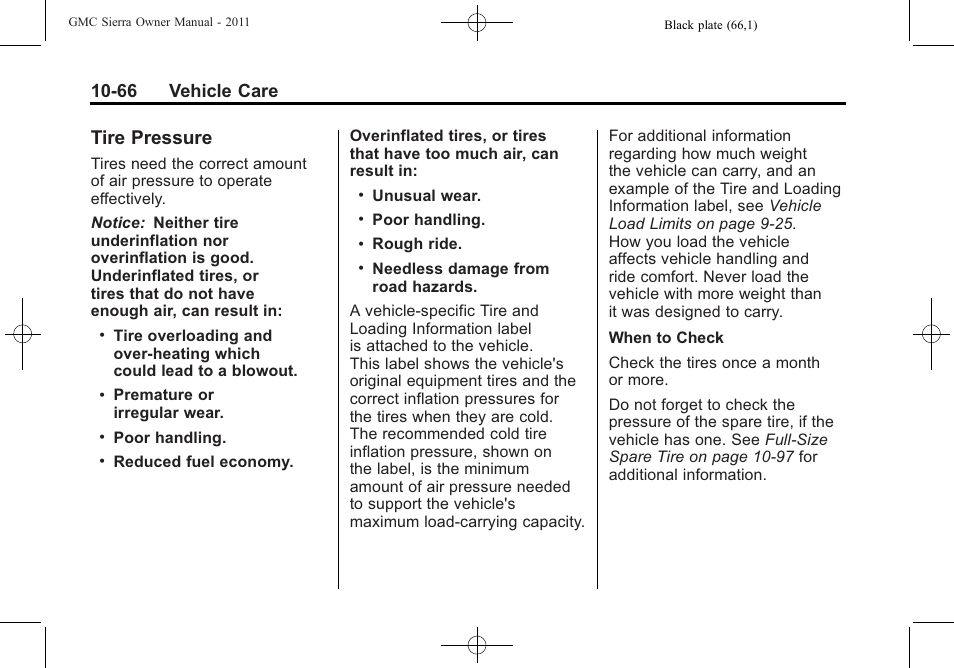 Tire pressure, Tire pressure -66, 66 vehicle care | GMC 2011 Sierra User Manual | Page 490 / 594