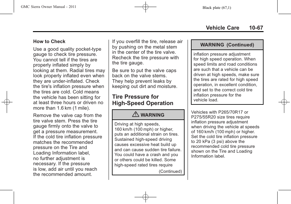 Tire pressure for high-speed operation, Tire pressure for high-speed, Operation -67 | GMC 2011 Sierra User Manual | Page 491 / 594