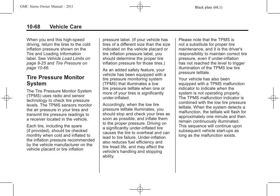 Tire pressure monitor system, Tire pressure monitor, System -68 | GMC 2011 Sierra User Manual | Page 492 / 594