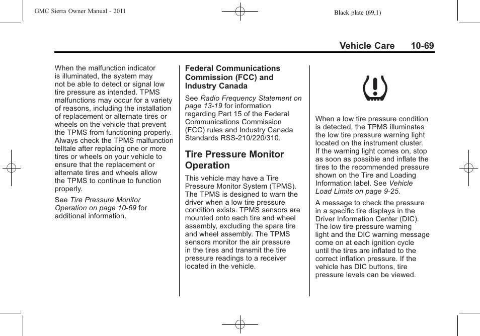 Tire pressure monitor operation, Tire pressure monitor, Operation -69 | Towing | GMC 2011 Sierra User Manual | Page 493 / 594