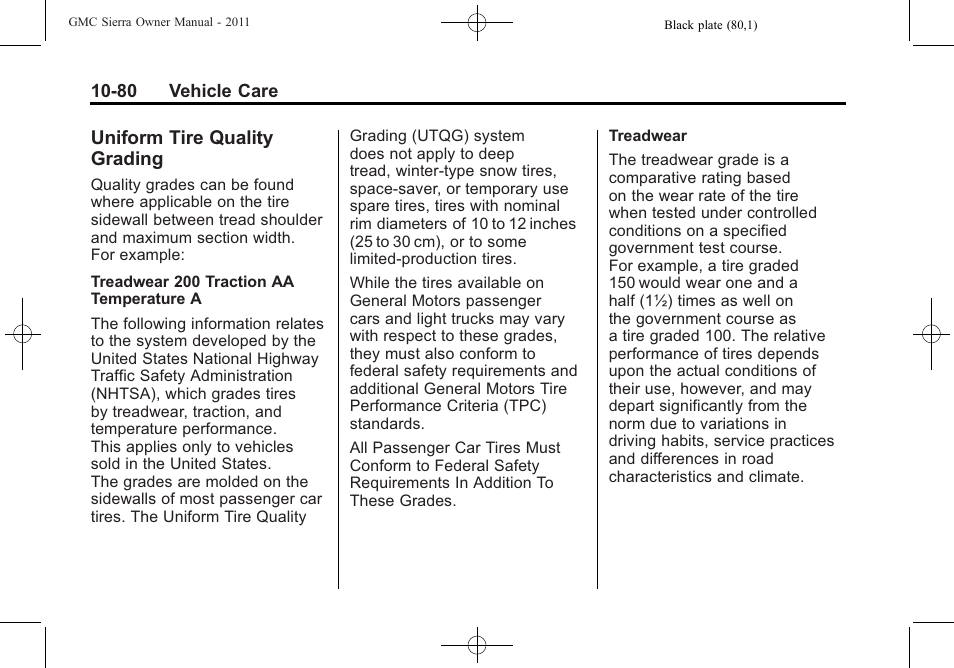 Uniform tire quality grading, Uniform tire quality, Grading -80 | GMC 2011 Sierra User Manual | Page 504 / 594
