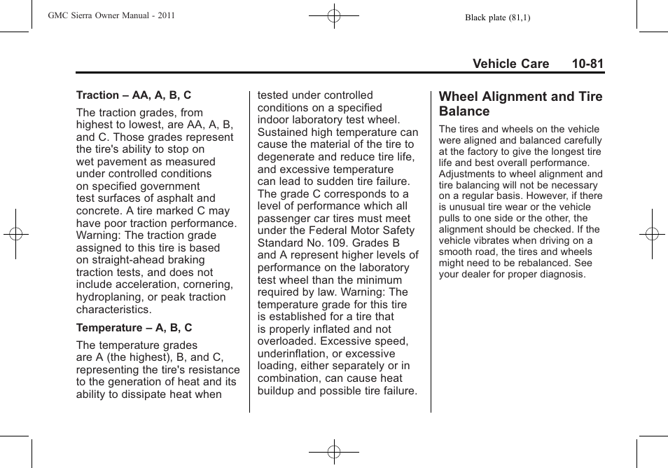 Wheel alignment and tire balance, Wheel alignment and tire, Balance -81 | GMC 2011 Sierra User Manual | Page 505 / 594