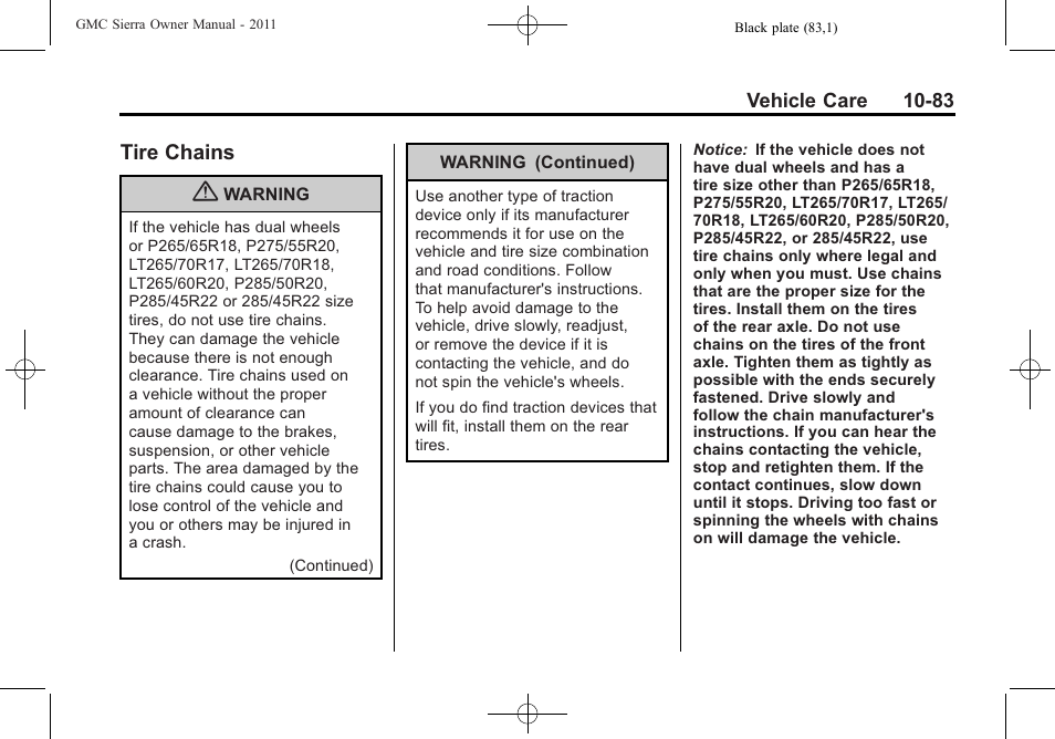 Tire chains, Tire chains -83 | GMC 2011 Sierra User Manual | Page 507 / 594