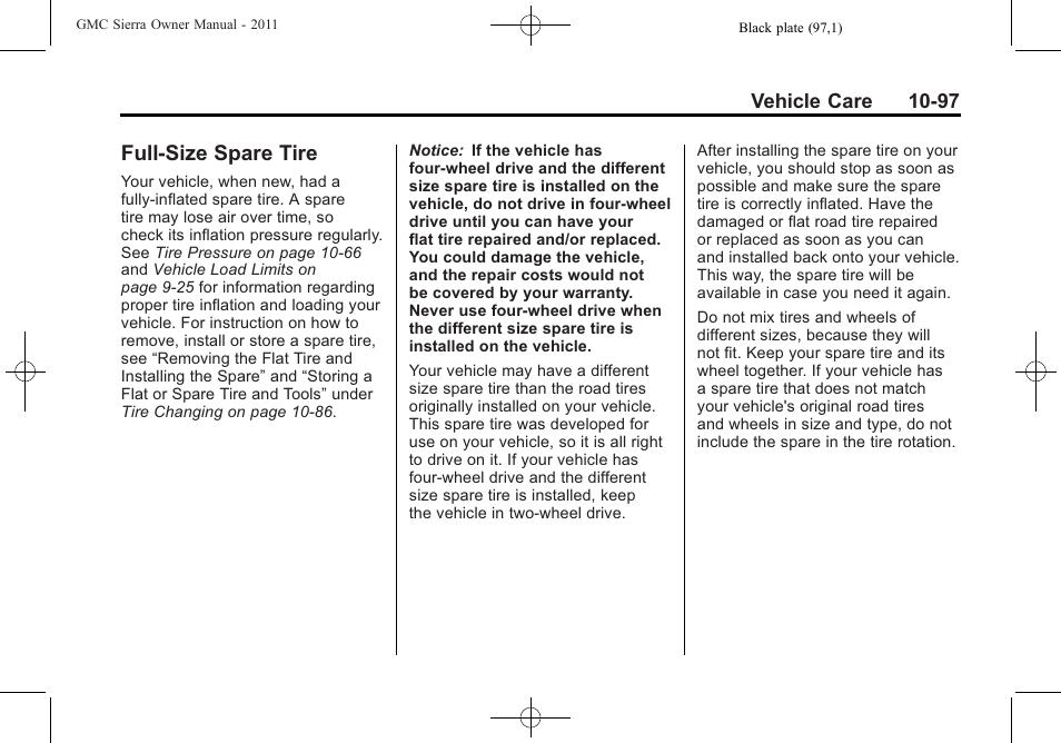 Full-size spare tire, Full-size spare tire -97 | GMC 2011 Sierra User Manual | Page 521 / 594