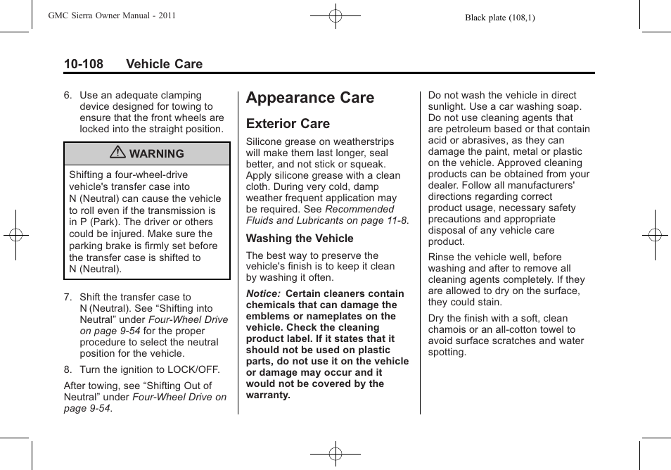 Appearance care, Exterior care, Appearance care -108 | Index, Exterior care -108 | GMC 2011 Sierra User Manual | Page 532 / 594