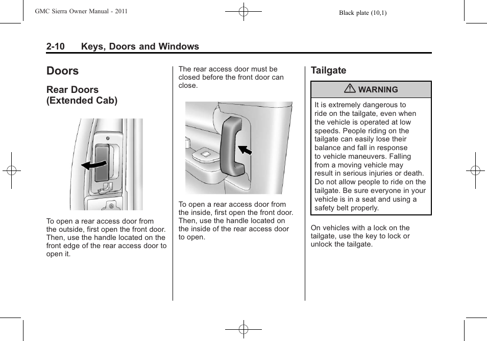 Doors, Rear doors (extended cab), Tailgate | Doors -10, Vehicle, Rear doors, Extended cab) -10, Tailgate -10 | GMC 2011 Sierra User Manual | Page 54 / 594