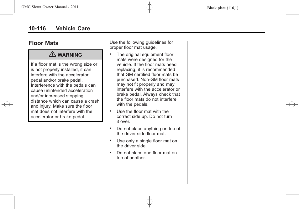 Floor mats, Floor mats -116, 116 vehicle care | GMC 2011 Sierra User Manual | Page 540 / 594