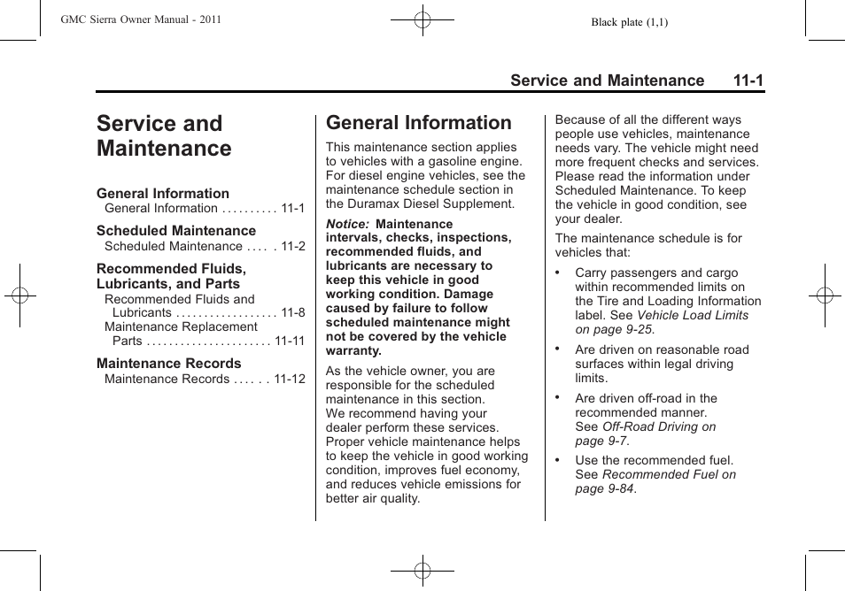 Service and maintenance, General information, Service and maintenance -1 | General information -1, Service and maintenance 11-1 | GMC 2011 Sierra User Manual | Page 541 / 594