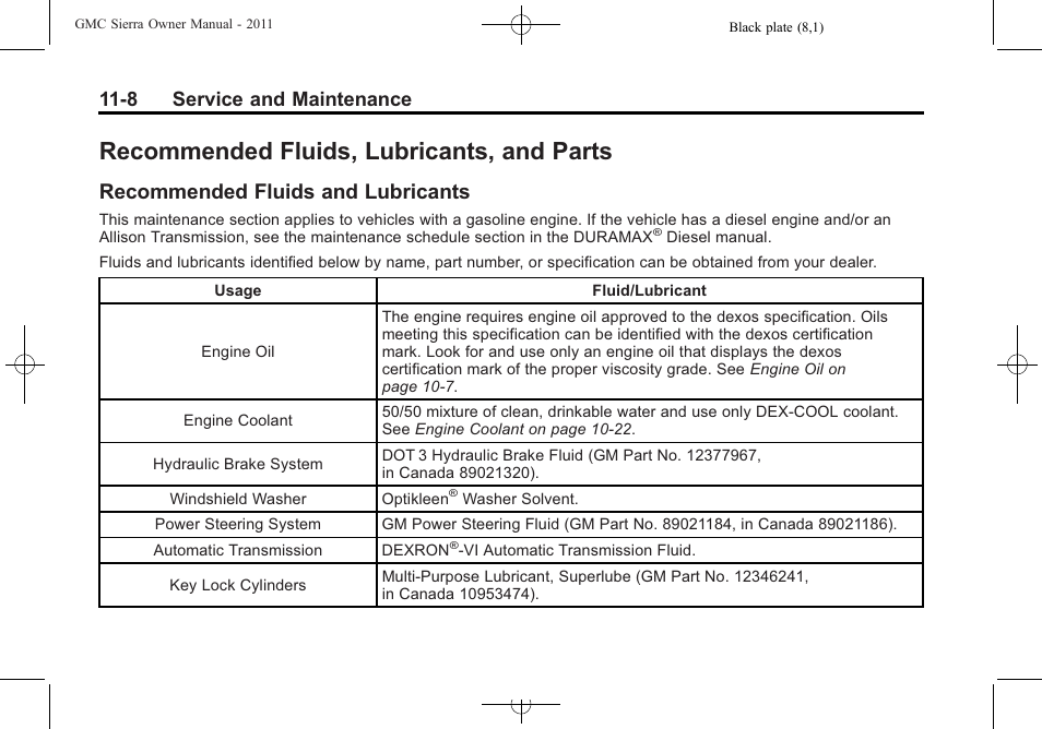 Recommended fluids, lubricants, and parts, Recommended fluids and lubricants, Recommended fluids | Lubricants, and parts -8, Recommended fluids and, Lubricants -8, 8 service and maintenance | GMC 2011 Sierra User Manual | Page 548 / 594