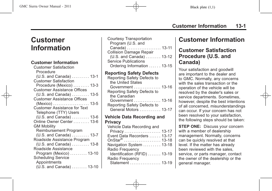 Customer information, Customer satisfaction procedure (u.s. and canada), Customer information 13-1 | GMC 2011 Sierra User Manual | Page 561 / 594