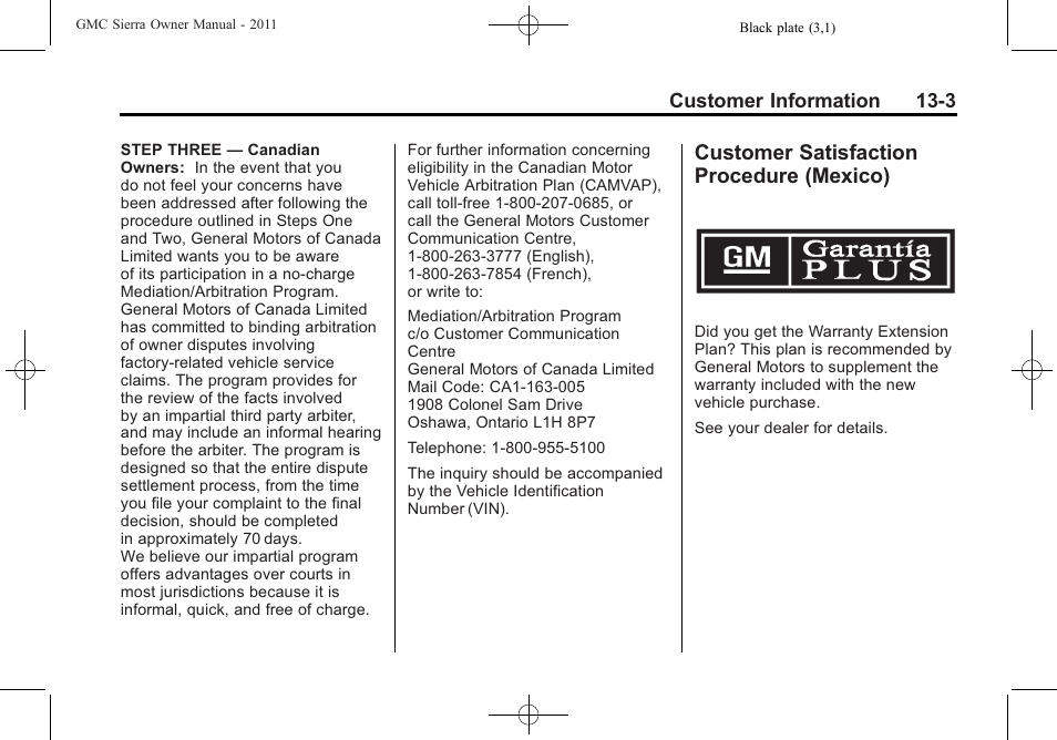 Customer satisfaction procedure (mexico), Customer satisfaction, Procedure (mexico) -3 | GMC 2011 Sierra User Manual | Page 563 / 594