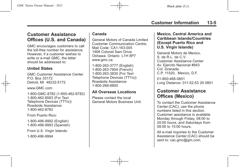 Customer assistance offices (u.s. and canada), Customer assistance offices (mexico), Customer assistance offices | U.s. and canada) -5, Mexico) -5, Reporting safety | GMC 2011 Sierra User Manual | Page 565 / 594