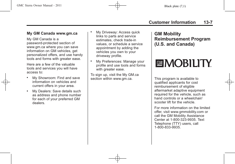 Gm mobility, Reimbursement program (u.s. and canada) -7, Customer information 13-7 | GMC 2011 Sierra User Manual | Page 567 / 594