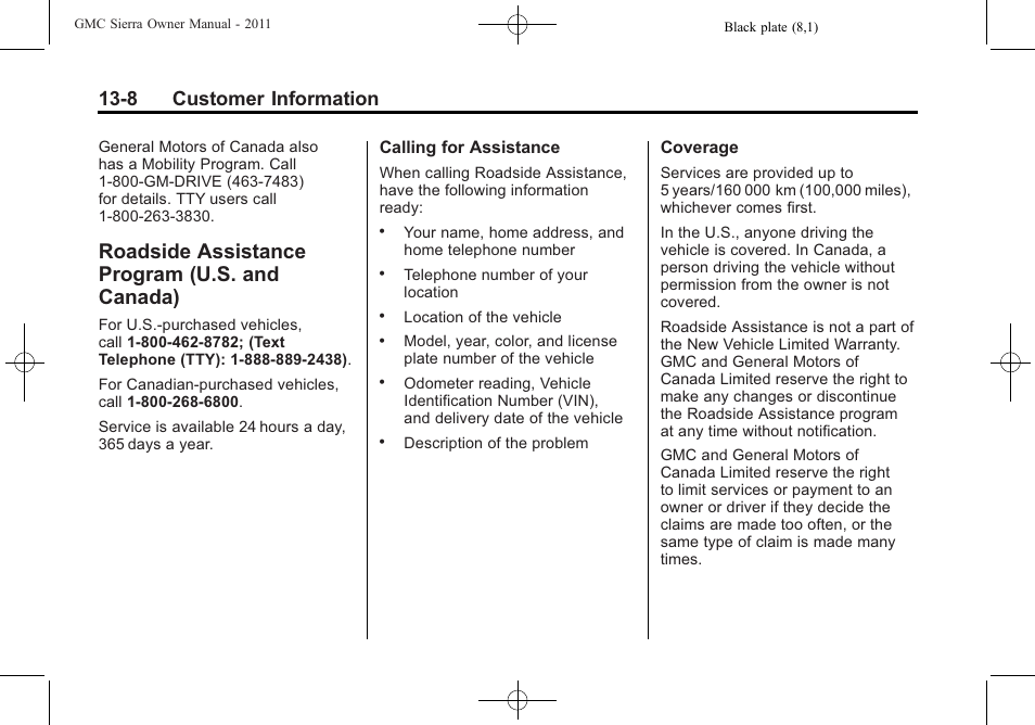 Roadside assistance program (u.s. and canada), Roadside assistance program, U.s. and canada) -8 | Navigation, 8 customer information | GMC 2011 Sierra User Manual | Page 568 / 594