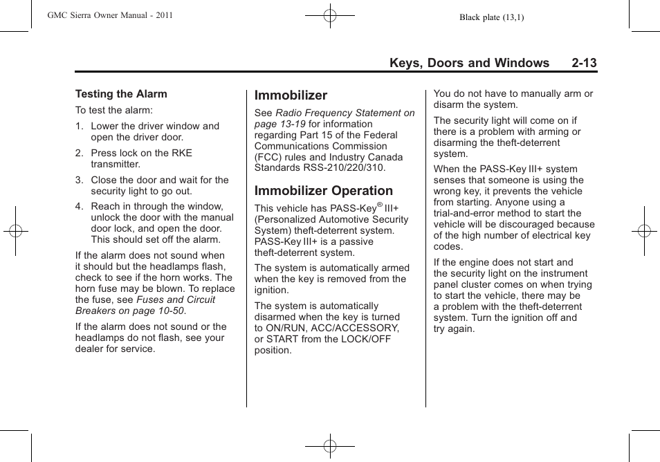 Immobilizer, Immobilizer operation, Immobilizer -13 immobilizer operation -13 | Keys, doors and windows 2-13 | GMC 2011 Sierra User Manual | Page 57 / 594