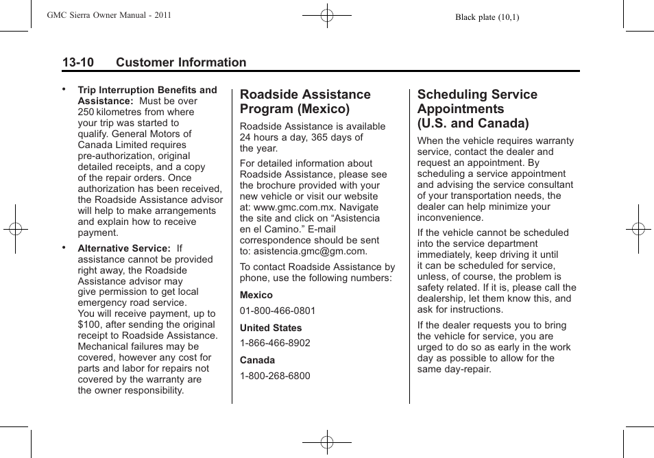 Roadside assistance program (mexico), Scheduling service appointments (u.s. and canada), Roadside assistance | Program (mexico) -10, Scheduling service, Appointments (u.s. and canada) -10, 10 customer information | GMC 2011 Sierra User Manual | Page 570 / 594