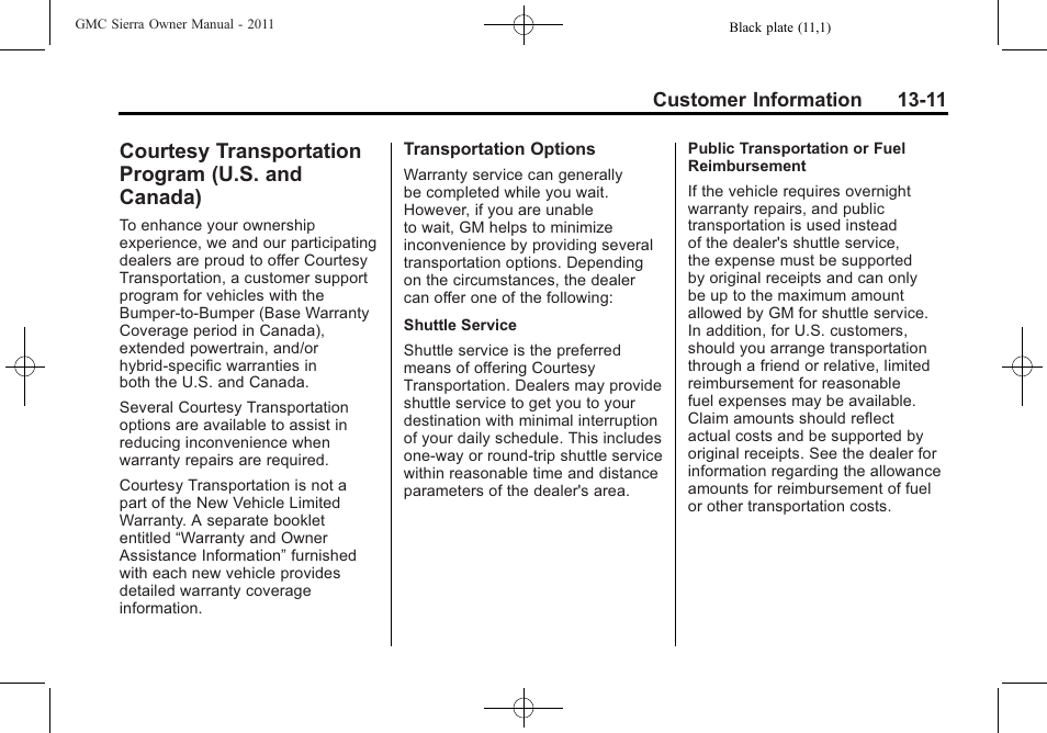 Courtesy transportation program (u.s. and canada), Courtesy transportation, Program (u.s. and canada) -11 | GMC 2011 Sierra User Manual | Page 571 / 594