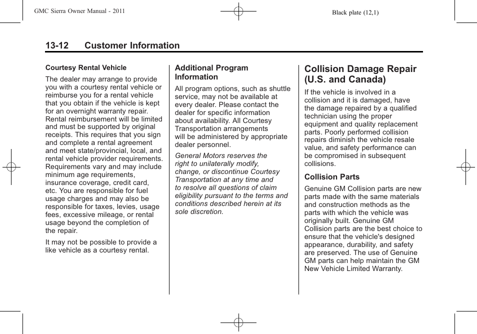 Collision damage repair (u.s. and canada), Collision damage repair, U.s. and canada) -12 | Procedure | GMC 2011 Sierra User Manual | Page 572 / 594