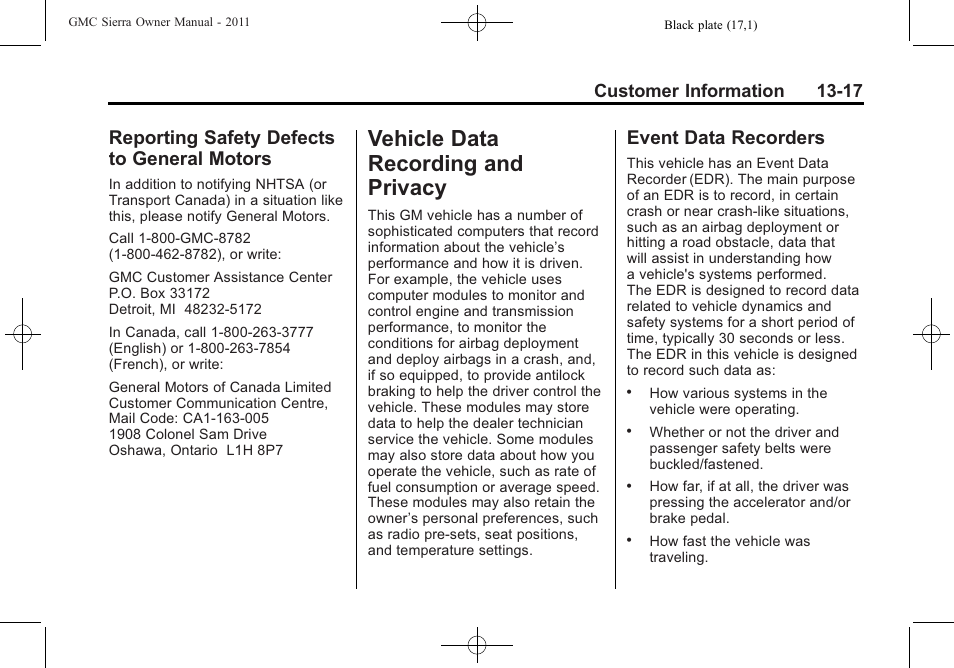 Reporting safety defects to general motors, Vehicle data recording and privacy, Event data recorders | Vehicle data recording and, Defects to, General motors -17, Privacy -17, Event data recorders -17, Customer information 13-17 | GMC 2011 Sierra User Manual | Page 577 / 594