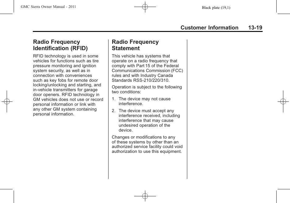 Radio frequency identification (rfid), Radio frequency statement, Radio frequency | Identification (rfid) -19, Statement -19 | GMC 2011 Sierra User Manual | Page 579 / 594