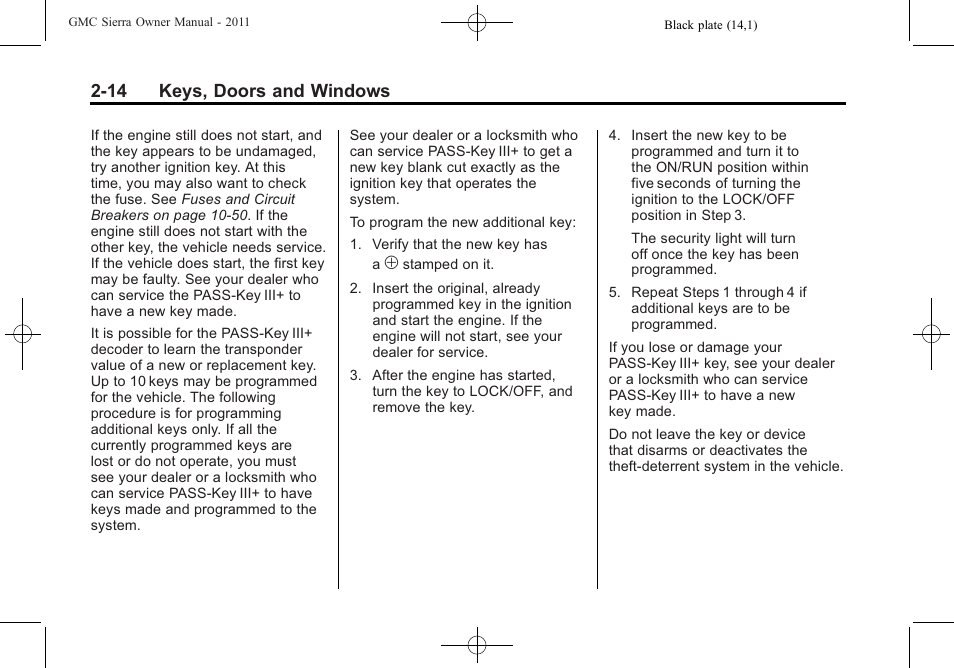 14 keys, doors and windows | GMC 2011 Sierra User Manual | Page 58 / 594