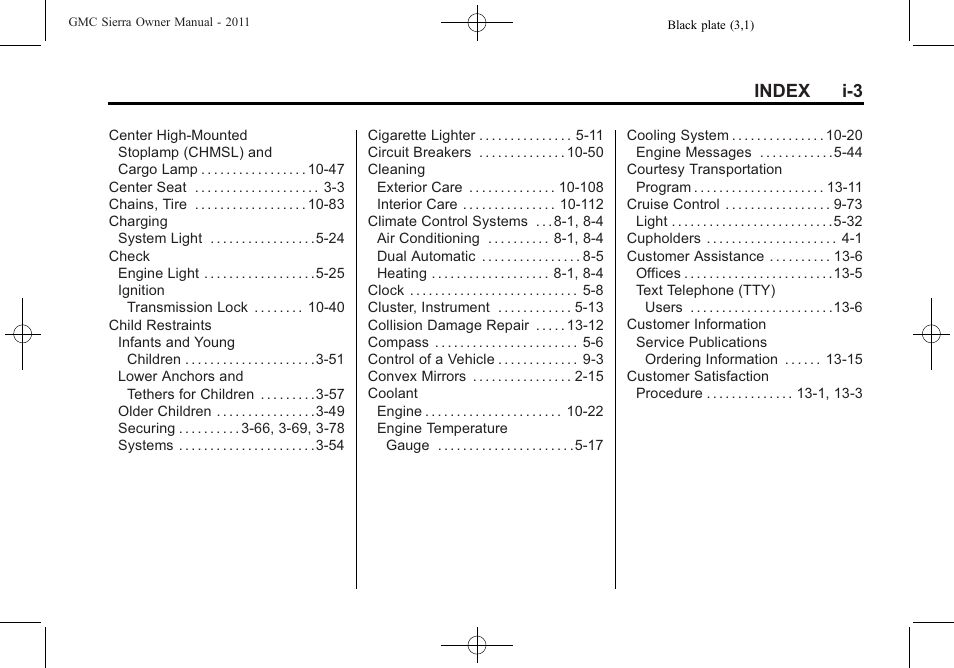 Index i-3 | GMC 2011 Sierra User Manual | Page 583 / 594