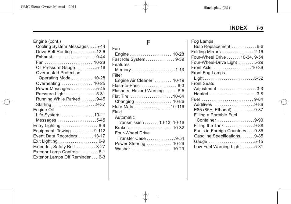 Index_f, Index i-5 | GMC 2011 Sierra User Manual | Page 585 / 594