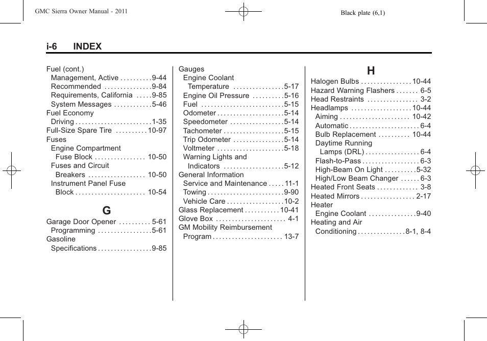 Index_g, Index_h, I-6 index | GMC 2011 Sierra User Manual | Page 586 / 594