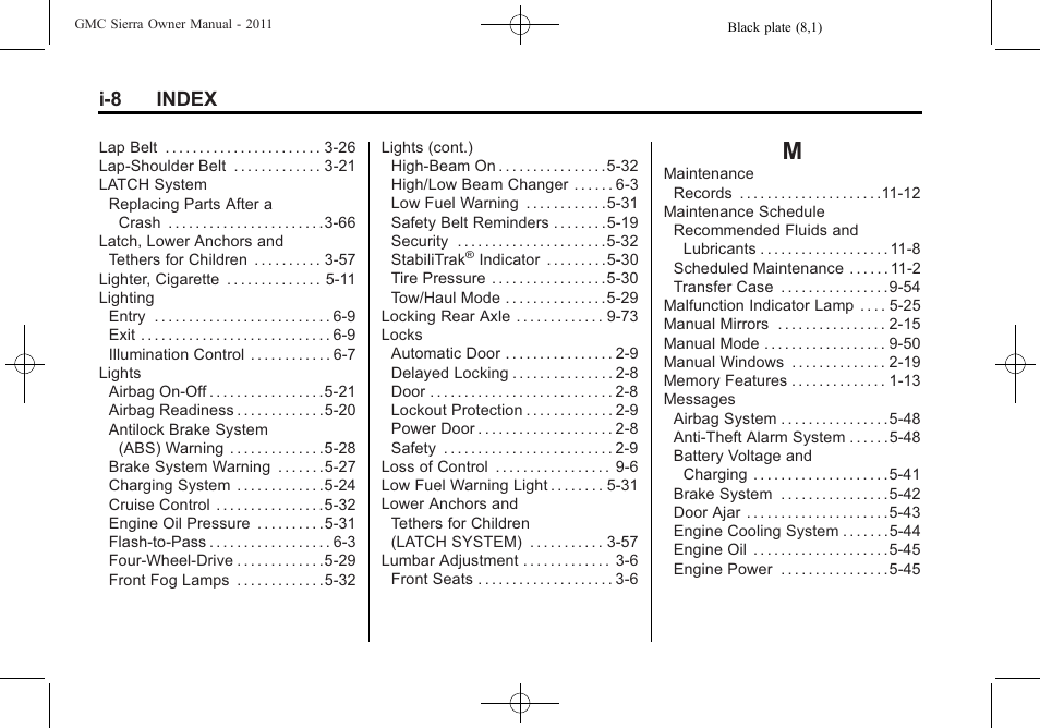 Index_m, I-8 index | GMC 2011 Sierra User Manual | Page 588 / 594