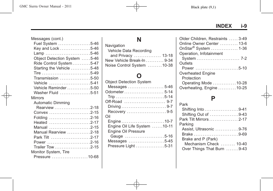 Index_n, Index_o, Index_p | Index i-9 | GMC 2011 Sierra User Manual | Page 589 / 594