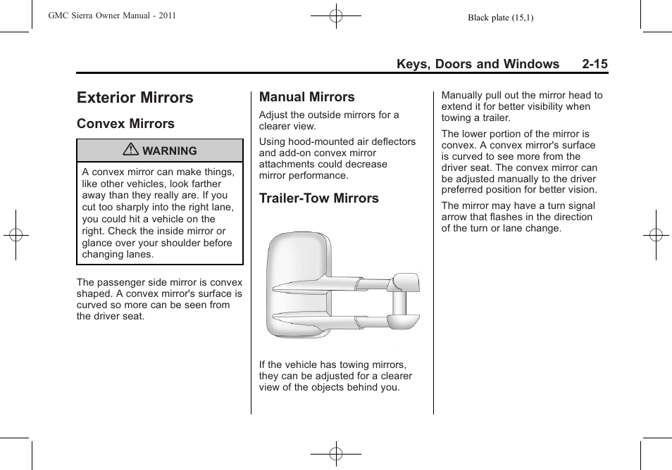 Exterior mirrors, Convex mirrors, Manual mirrors | Trailer-tow mirrors, Exterior mirrors -15 | GMC 2011 Sierra User Manual | Page 59 / 594