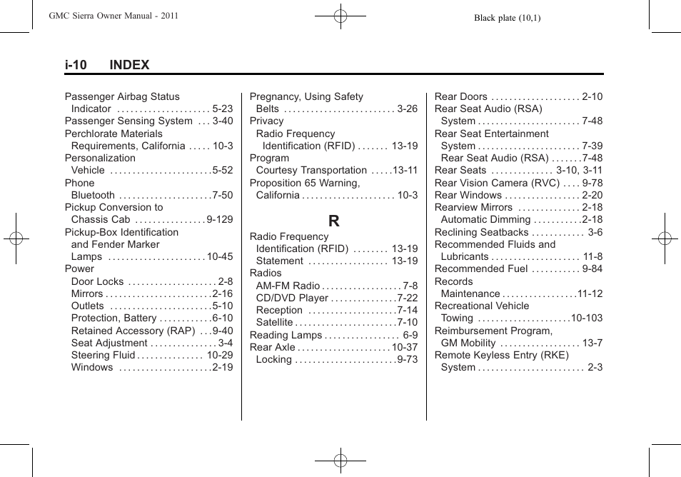 Index_r, I-10 index | GMC 2011 Sierra User Manual | Page 590 / 594