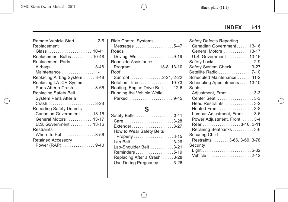 Index_s, Index i-11 | GMC 2011 Sierra User Manual | Page 591 / 594