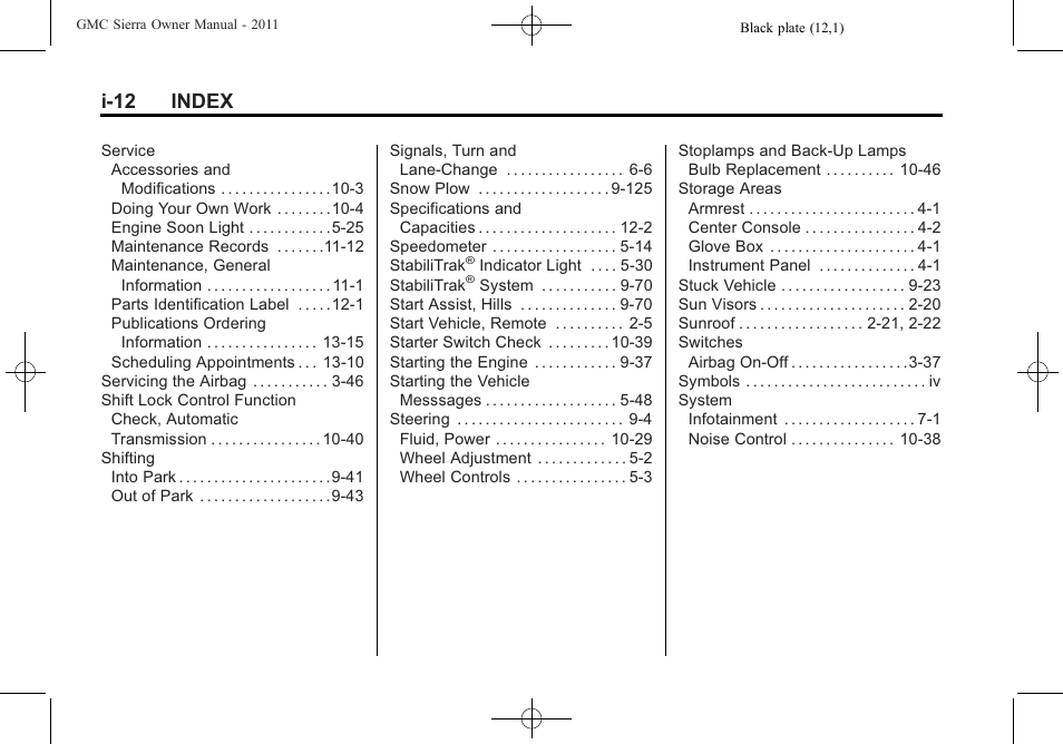 I-12 index | GMC 2011 Sierra User Manual | Page 592 / 594