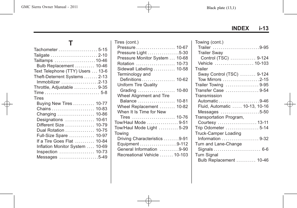 Index_t, Index i-13 | GMC 2011 Sierra User Manual | Page 593 / 594