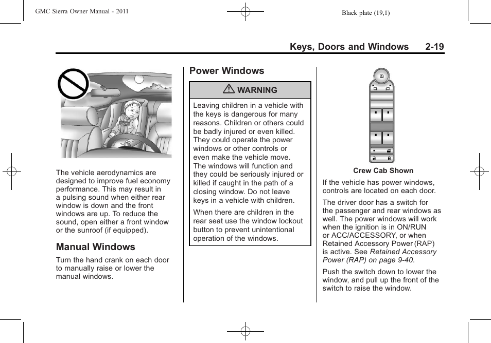 Manual windows, Power windows, Manual windows -19 power windows -19 | GMC 2011 Sierra User Manual | Page 63 / 594